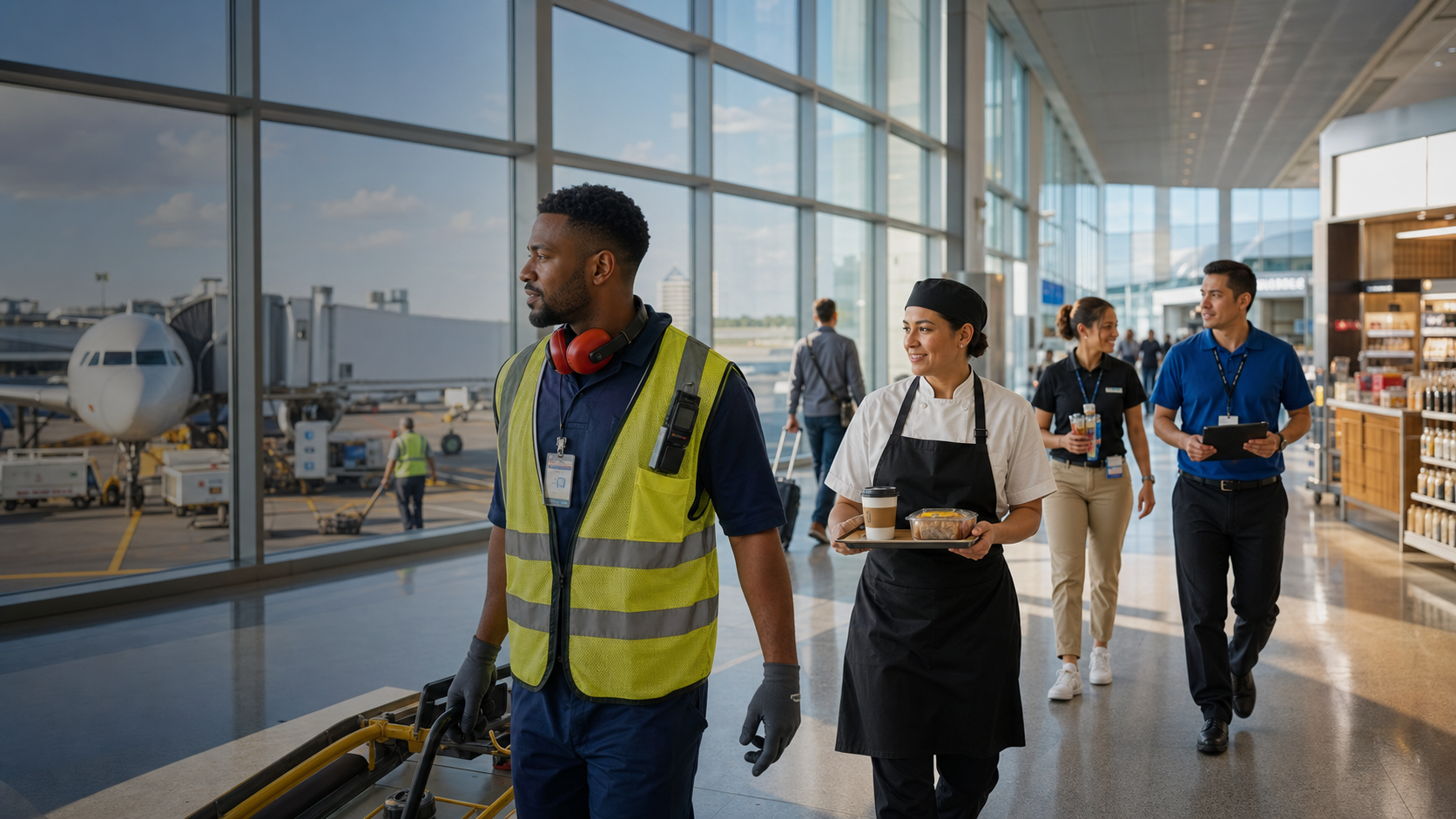 Airport workers in a bright terminal